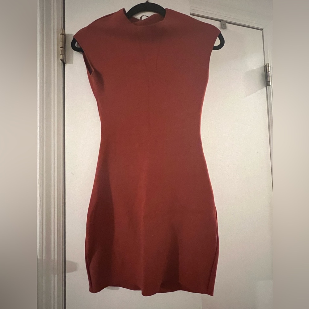 Mock neck open back body con dress